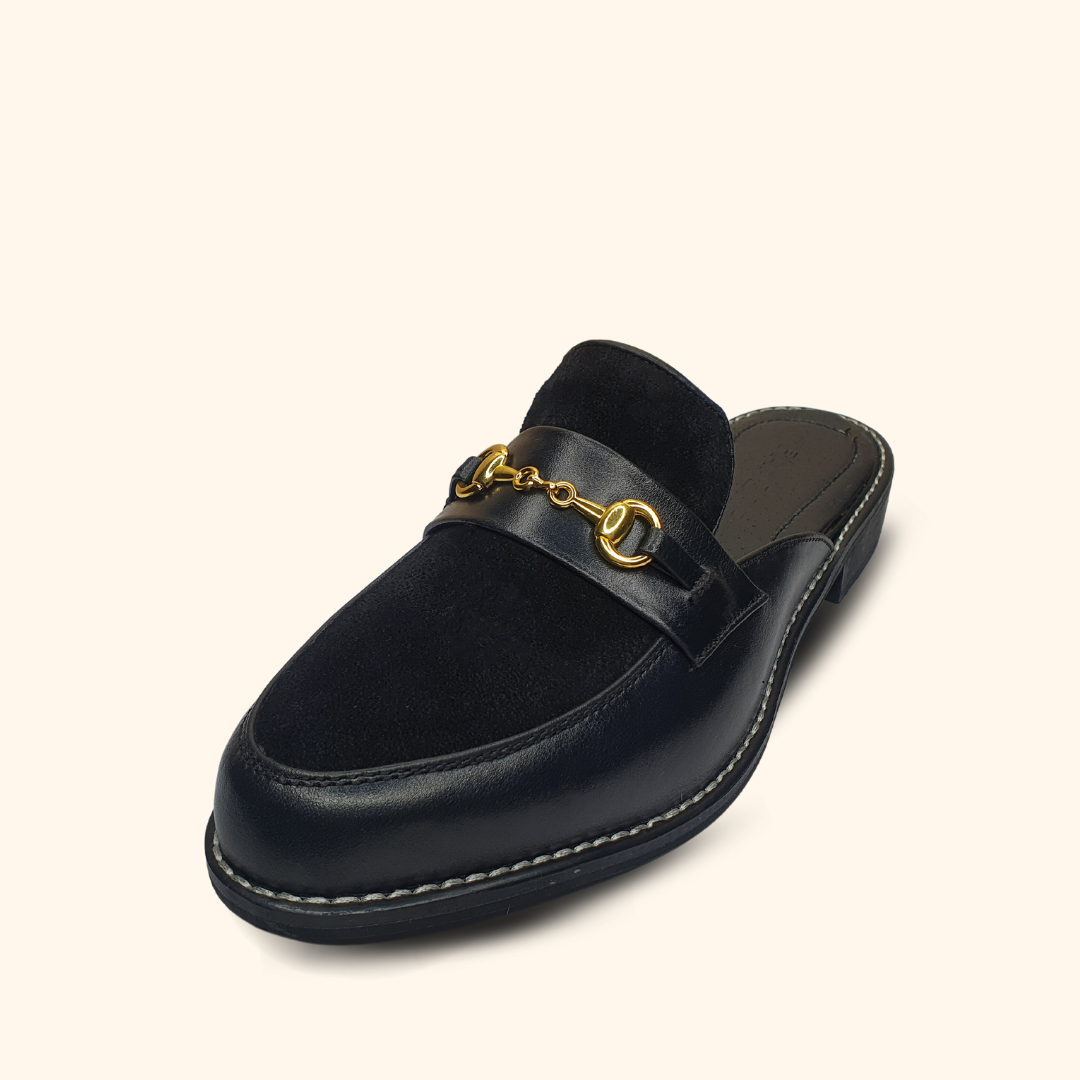 women's black suede mules panoramic view