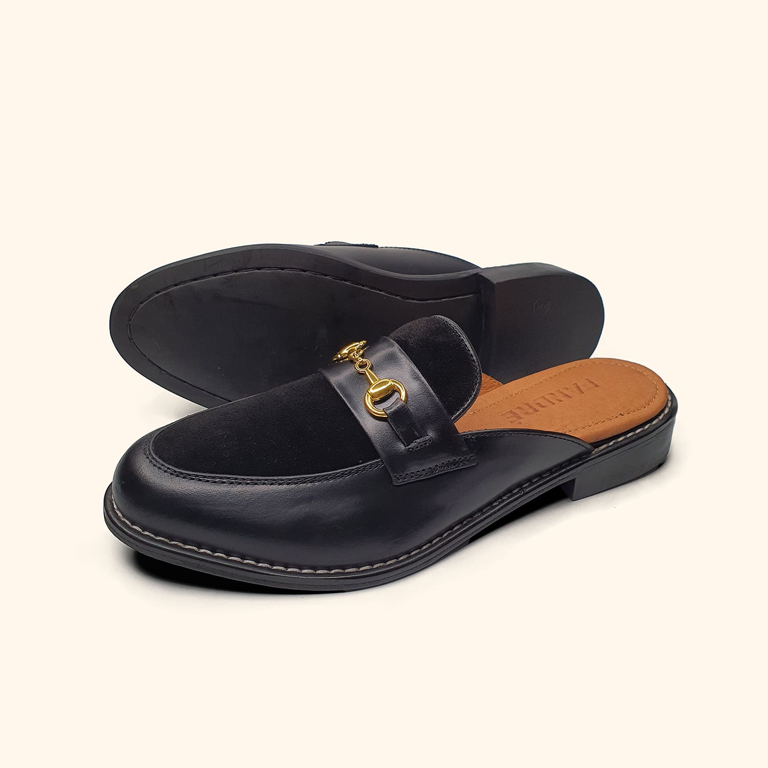 women's black suede mules side and bottom view