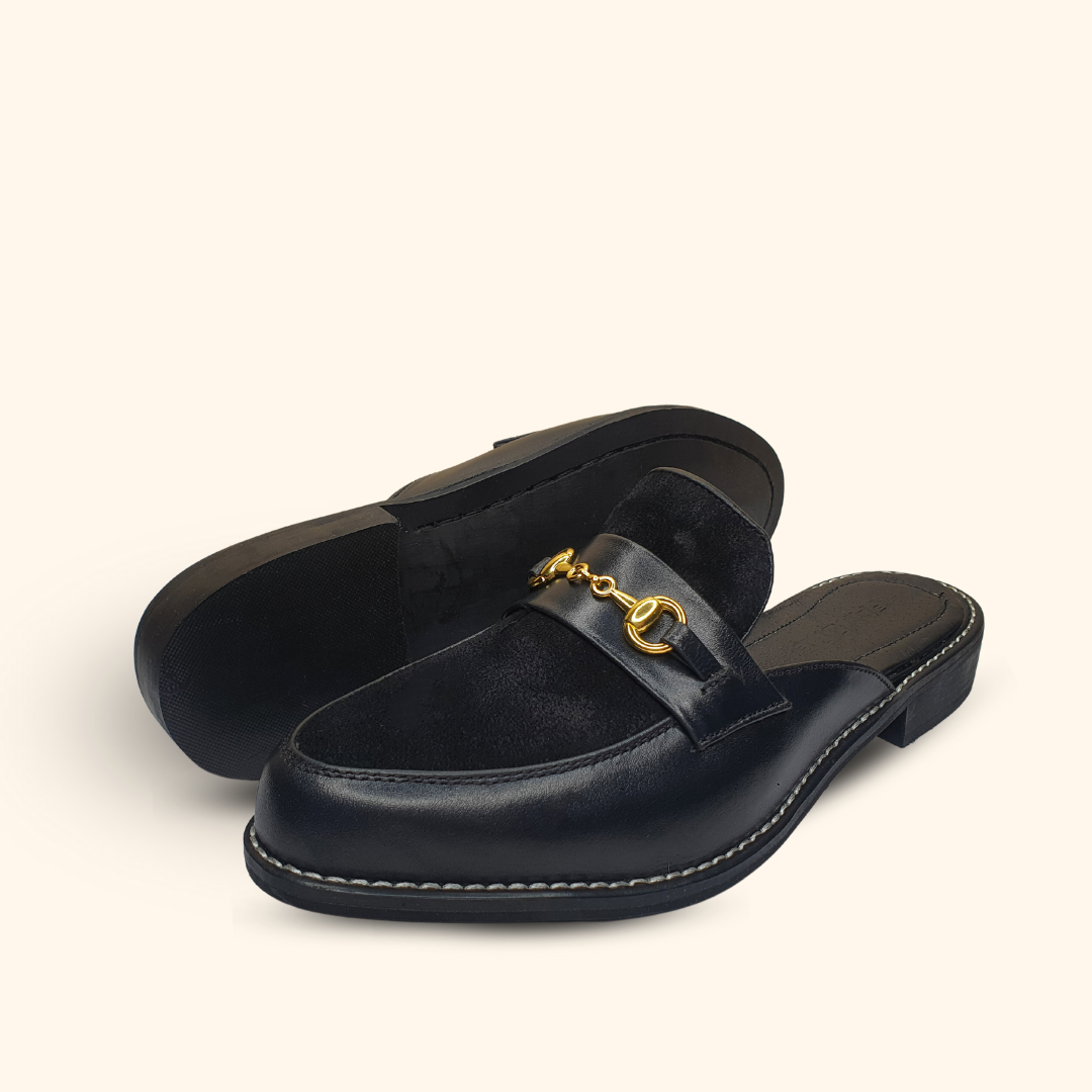 women's black suede mules side and bottom view