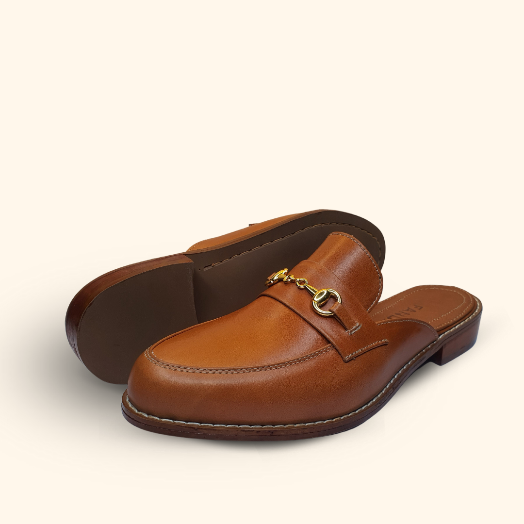 tan genuine leather horsebit mules for women side and bottom view