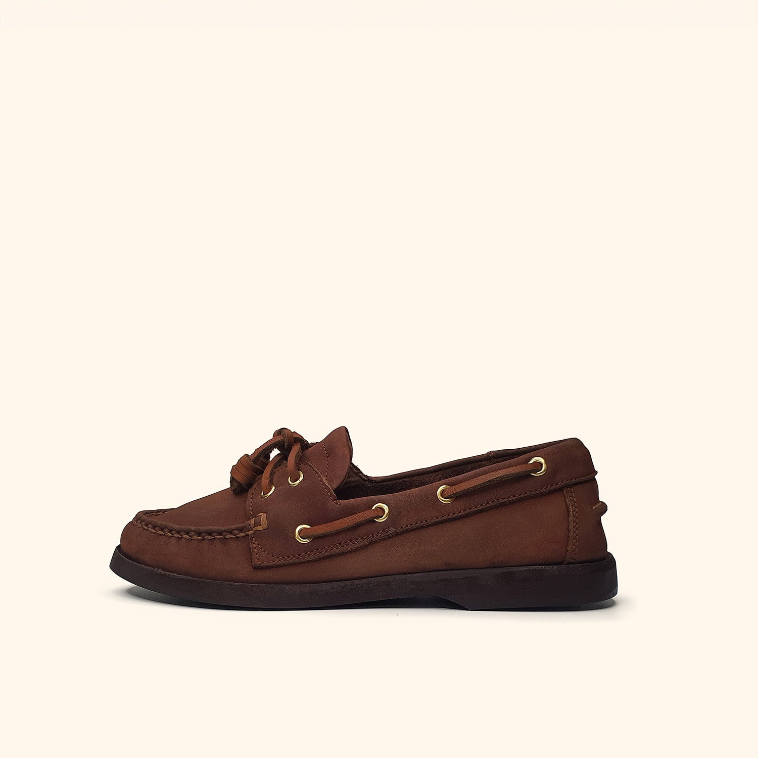 women's nubuck brown leather boatshoes side view