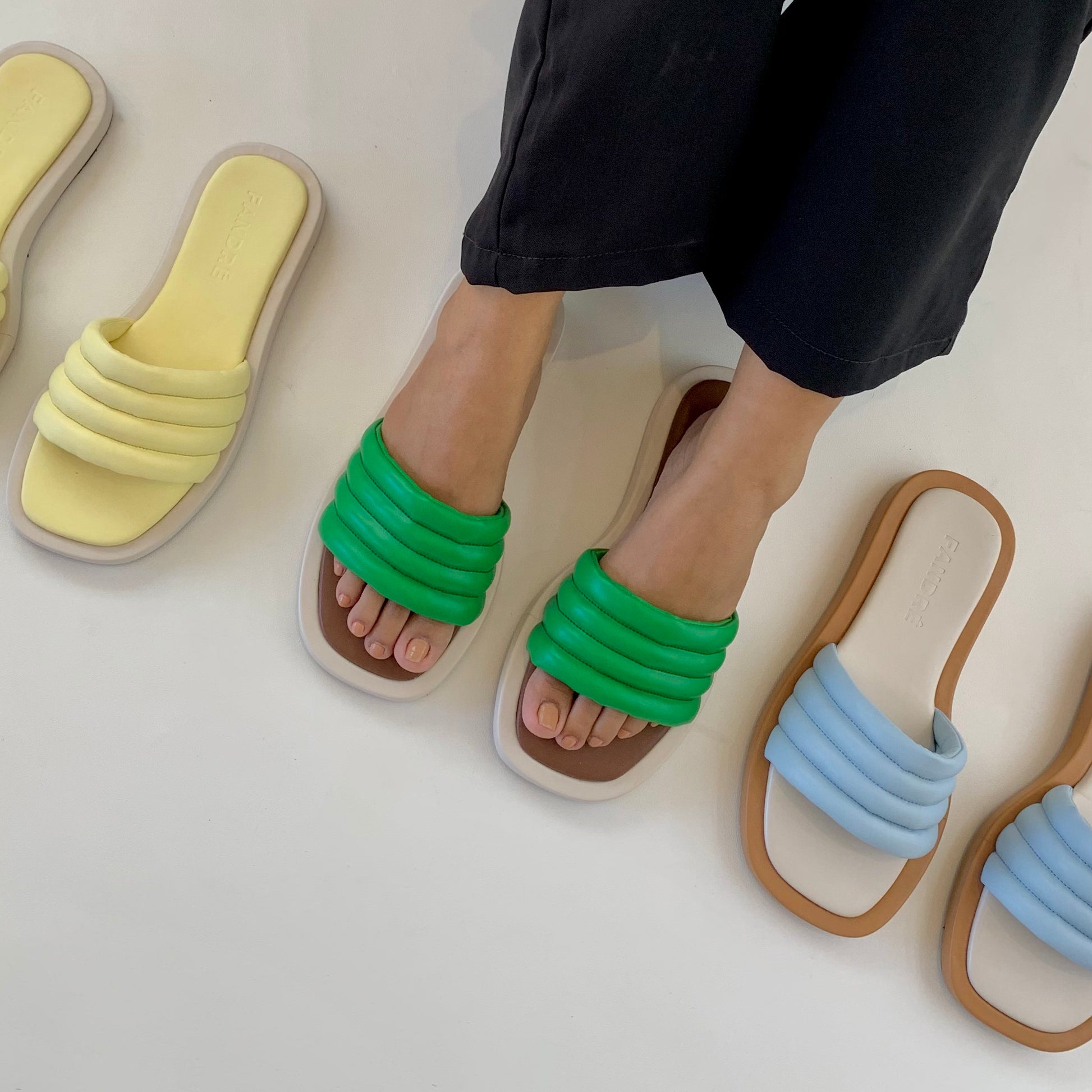 Yellow blue and green flatform sandals for women front view view