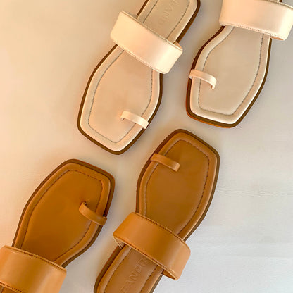 camel and white toe flat sandals for women up view