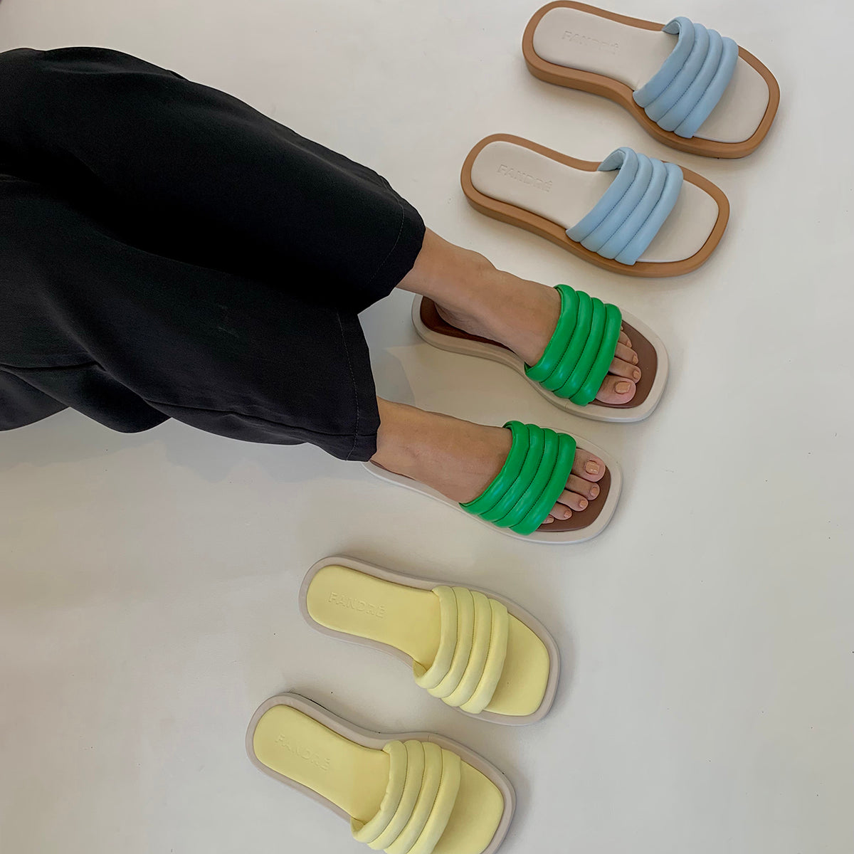 Blue green and yellow flatform sandals for women front view