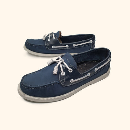 Men's nubuck blue leather boatshoes dual upside view