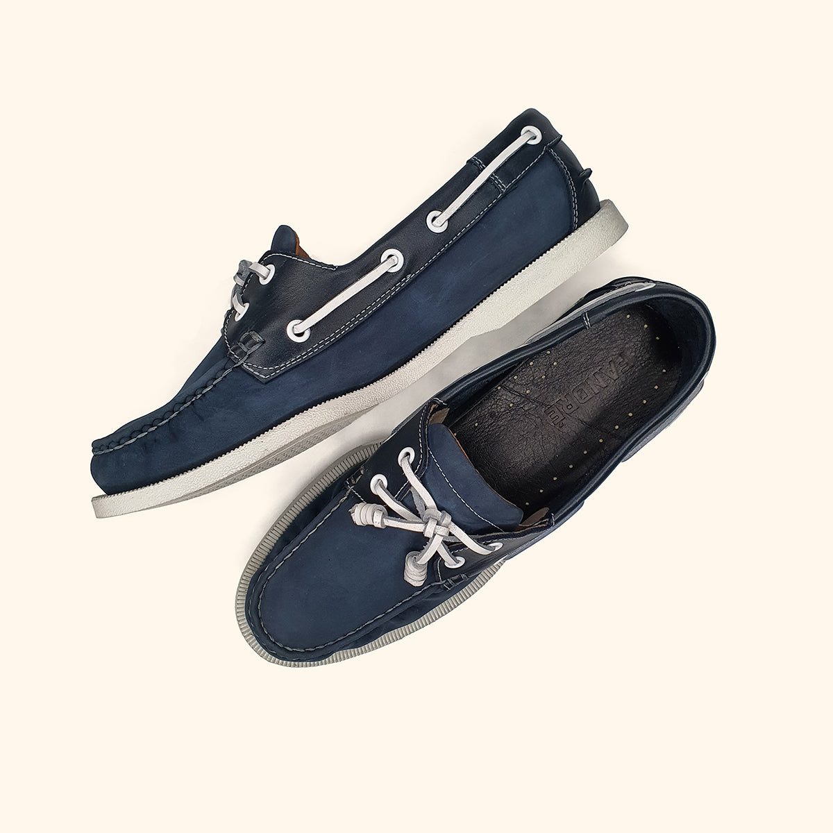 Men's nubuck blue leather boatshoes up and side view