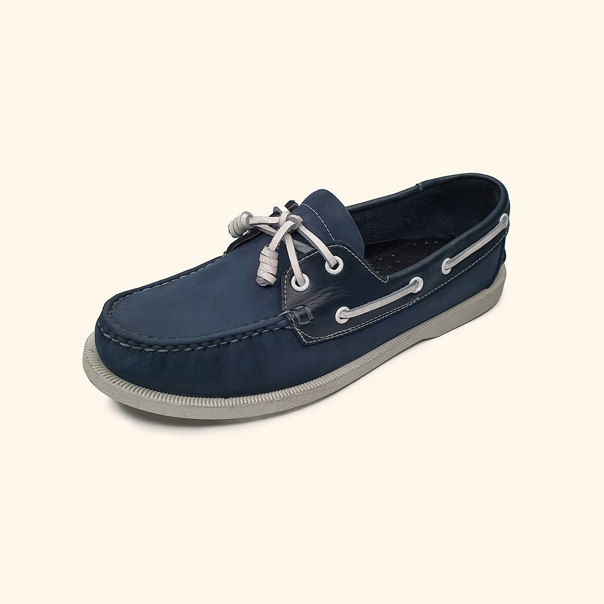 Men's nubuck blue leather boatshoes upside view