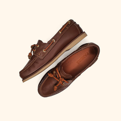 Women's brown leather boatshoes up and side view