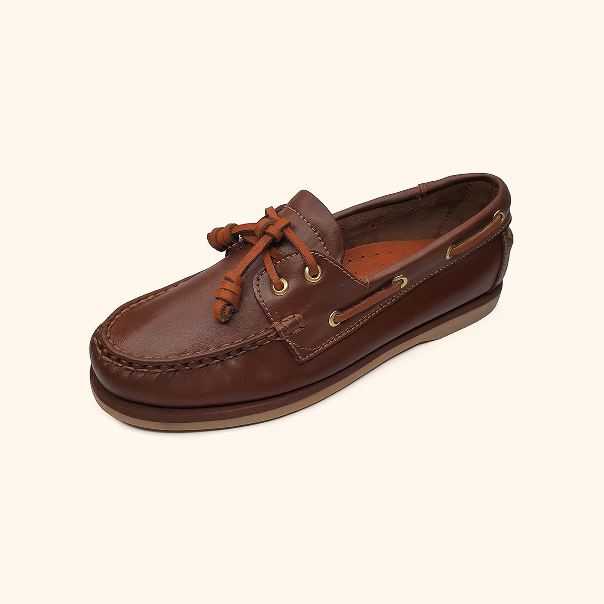 Women's brown leather boatshoes upside view