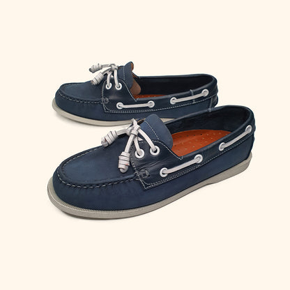 Women's nubuck blue leather boatshoes dual upside view