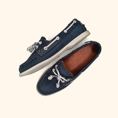 Women's nubuck blue leather boatshoes up and side view