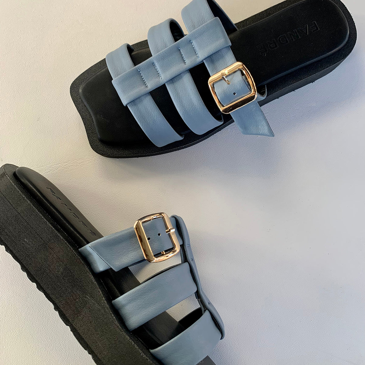 blue flatform sandals for women up and side view