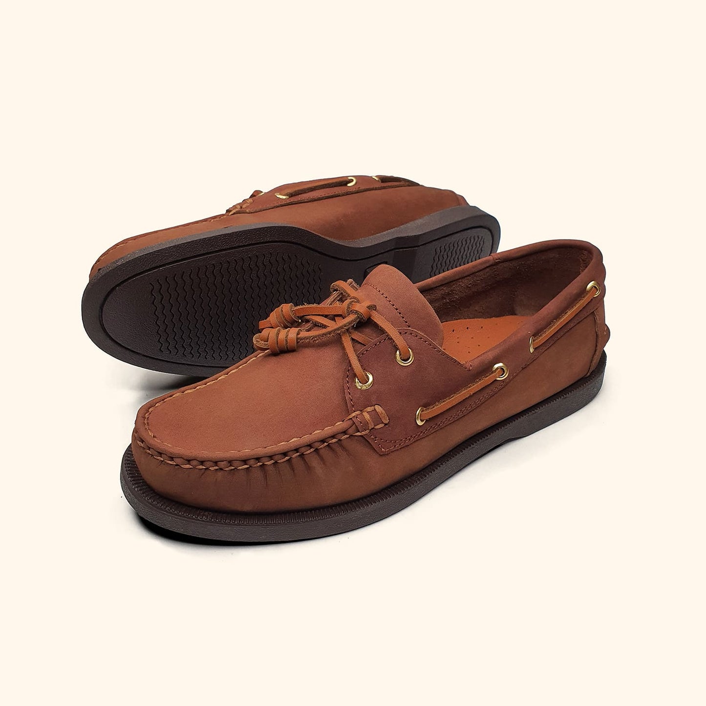 brown nubuck men's boatshoes side and bottom view