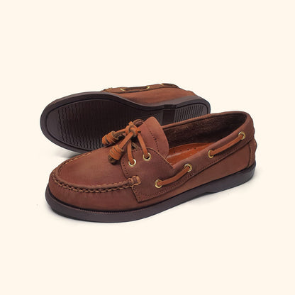 brown nubuck women's boatshoes side and bottom view