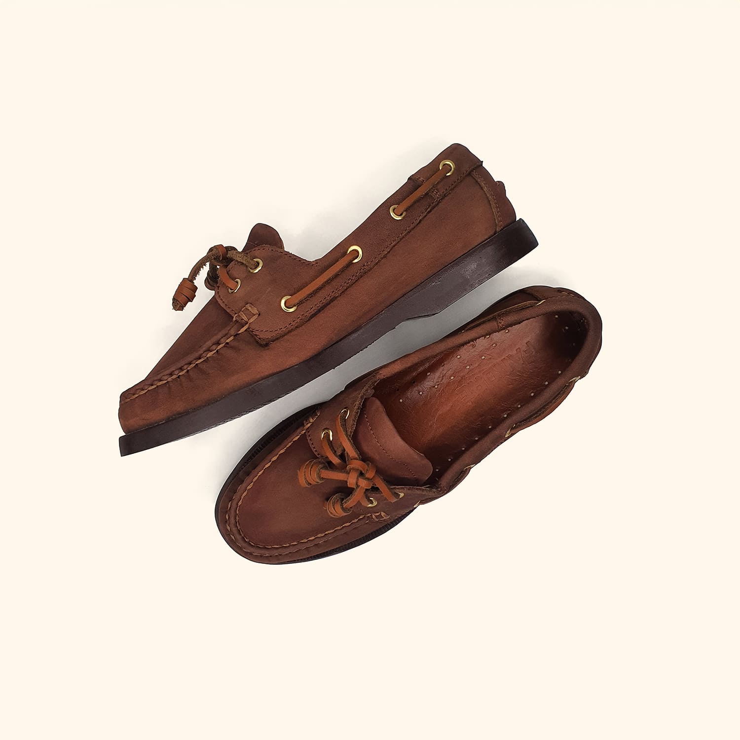 brown nubuck women's boatshoes up and side view