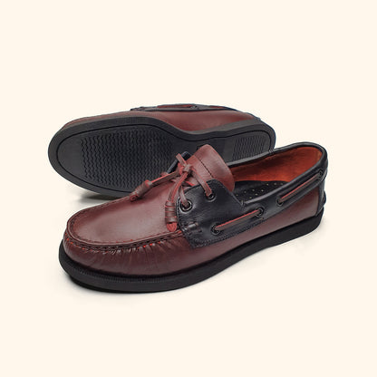 genuine leather boatshoes for men burgundy side and bottom view