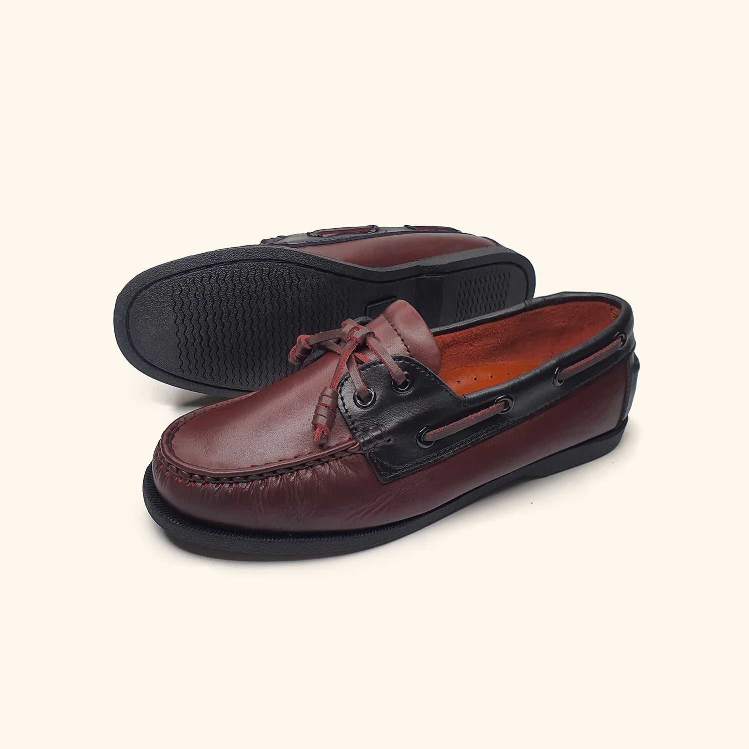 genuine leather boatshoes for women burgundy side and bottom view