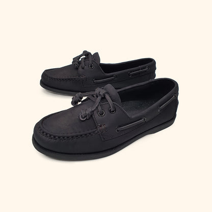 women's black leather boatshoes dual upside view