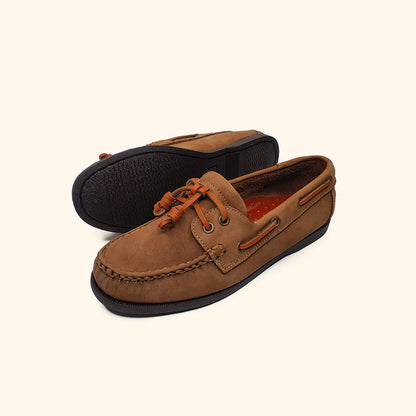 women's nubuck taupe leather boatshoes upside and bottom view