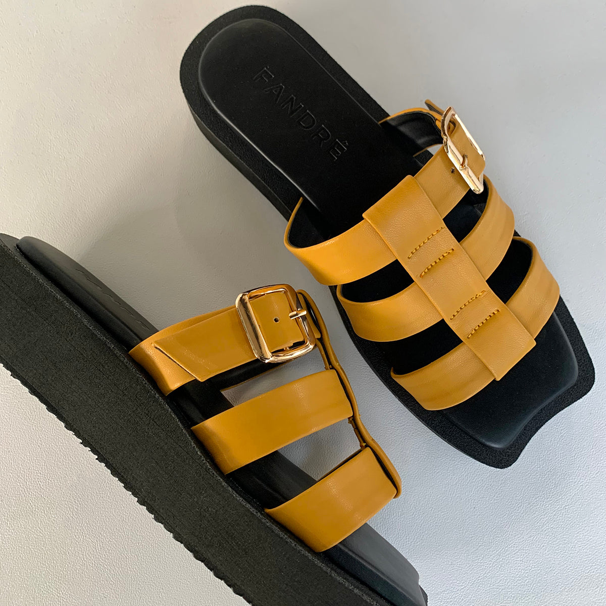 yellow flatform sandals for women up and side view